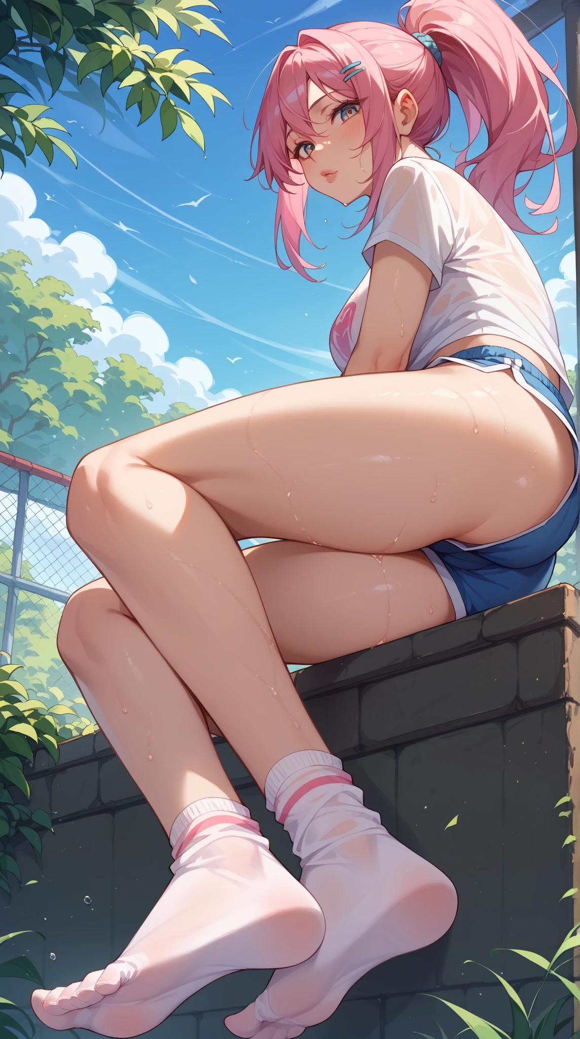 (masterpiece, highest quality, ultra high res, ultra detailed:1.3), 1 cute girl, ideal ratio body proportions, pink medium hair, half twintail, small breast, from below, front view, yellow tank top, tank top covered nipples, blue denim mini (skirt, white panties:1.4), (open legs, sitting on a seesaw:1.3), view from the other side of the seesaw, cameltoe,