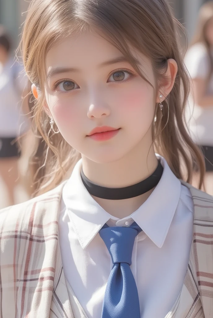 (highest quality, masterpiece:1.3, 超A high resolution), (Super detailed, Caustics), (Realistic:1.4,RAW shooting,)Ultra-Realistic Capture,Very detailed,High resolution 16k, Human skin close-up, The skin texture is natural, It must be detailed enough to be easily identifiable.。 Skin should look healthy and have an even tone。 Use natural light and color, restaurant, ((Waitress Uniform, apron)), 1 girl, Japanese, 18-year-old, cute, Medium Hair, Big Breasts, smile, Turn your body forward, (View from the front:1.1), Looking into the camera, (Cowboy Shot),vision, focused on the chest, Brown Hair, Black choker, fluffy eyelashes, blue eyes, bangs