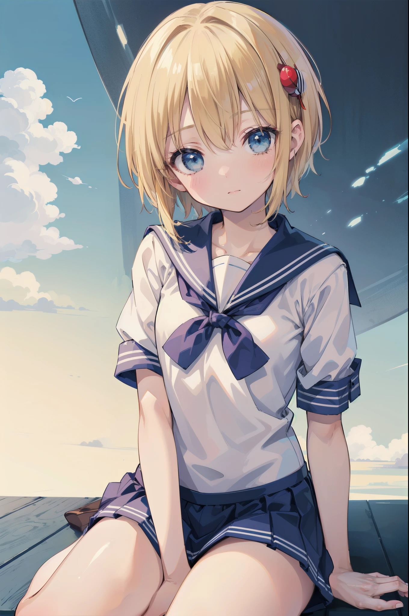 Gently stare, by krenz Cassiato , is sitting, Asuka, Asuka, anime styleイラスト, Official Art, high quality anime-style art as a model, high resolution, anime style, (short-sleeved sailor suit:1.4), (miniskirt), (face close-up:1.2), (NSFW:0.9), ( blond and blue eyed), head accessory, (flat chest:0.9),