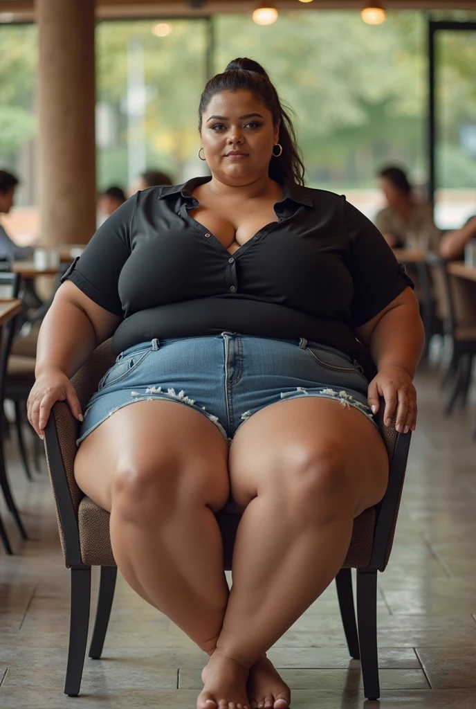 130kg extremely obese woman, abdominal exposure, exposed navel, mini skirt, high heel, earring, necklace, bracelet
