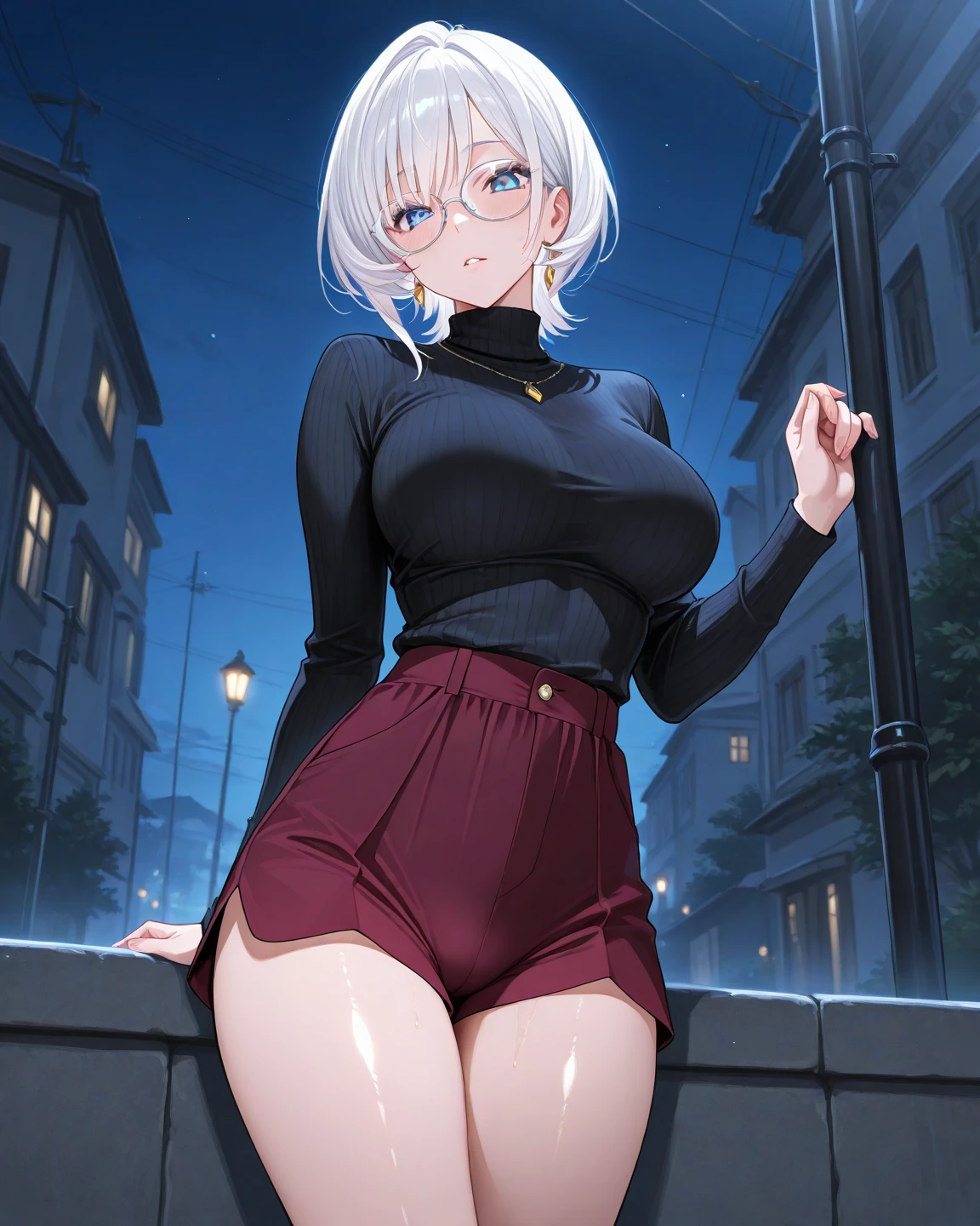 (highest quality), 1 girl, (((()))), (((short))), (cute face), white hair, purple eyes, Black round glasses, short bob cut hair, natural perm, ((The butt is very big)), (thin legs), ((((Only the thighs are too thick)))), (((BREAK Loli Are thin, ((narrow waist))