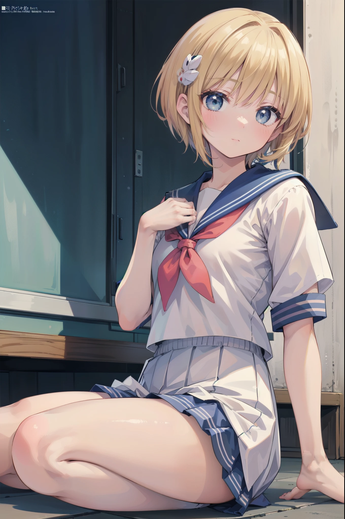 highest quality, anime moe art style,Best Anime 8K Kona-chan Wallpaper,Pixiv contest winners,perfect anatomy, (Please draw a girl walking sleepily to school.. ),break, 1 girl, (alone,,,13 years old:1.3),high school student, short hair, amount, (hair above one eye:1.7),All limbs, full finger,medium breasts, between legs, small eyes,Precise black eyes, hair clip, (sailor suit:1.5),(school uniform:1.5) skirt,On the way to school. break,Super detailed,High resolution,super dense skin, professional lighting,8K eye details, (cute illustration:1.2),blonde,blonde hair,No expression,(hair over one eye:1.5),sailor uniform