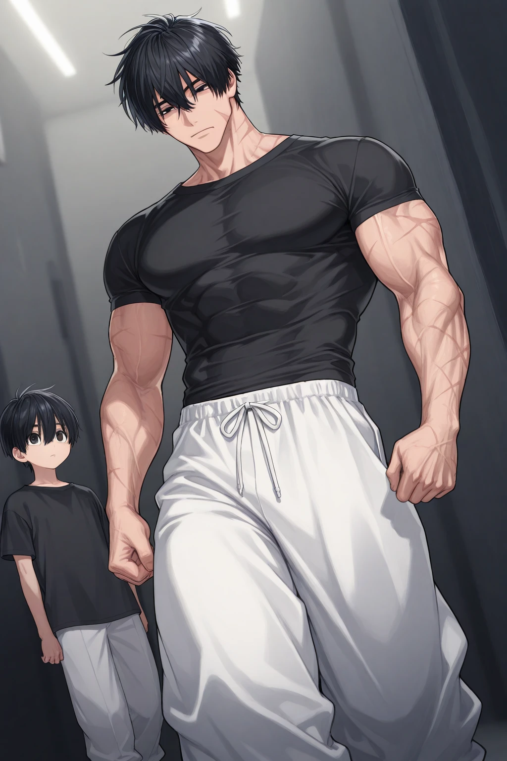 One teen of 19-year-old, with an expression of shock and embarrassment on his face, has his small, flaccid penis exposed in close-up, surrounded by dark shadows that highlight its insignificant size. Behind him, a boy of barely 12 years old, with a mocking and triumphant smile, holds his own penis, surprisingly large and erect, which seems to come out of his unbuttoned jean shorts. The contrast between the two penises is overwhelming, and the 12-year-old boy's expression is one of superiority and dominance. The background of the image is blurry, with dark colors and shadows adding drama to the scene. The 19-year-old seems frozen in a mix of rage and humiliation, while the 12-year-old looks like he's enjoying the moment, with a "look who's the biggest now" attitude. both nude and size difference and age difference, they are naked and The 19 years old boy is white, tall and small dick like 1 inch, and strong body, and the 12 years old boy is dark skin, short height, and big dick like 18 centimeters, and his body is very skinny, both boys have their dicks out of their jeans*