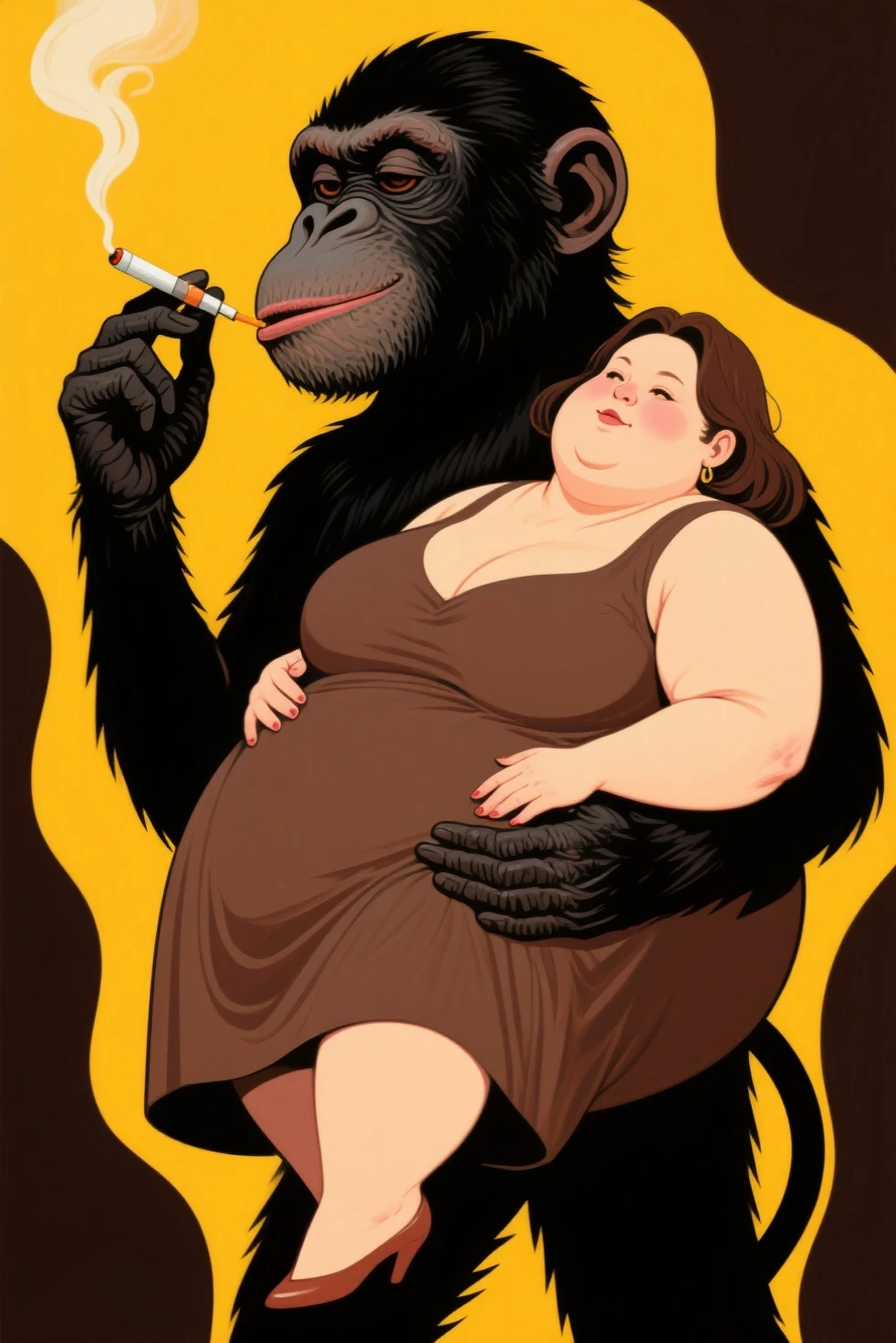 a nude black haired woman sitting in front of a Orangutan with an square behind them and a white background, 1960s, tanlines
<lora:RelMamos-10:1>