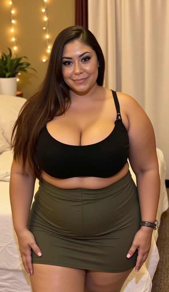 a close-up of a person in a green shirt and jeans, she has a round and fat belly, her belly button is exposed, her hand is on her waist, usando um top cropped sexy, looks like fabiula natal, her belly is fat and round, thick, brazilan supermodel, look sexy, sexy and hot body, corpo sexy