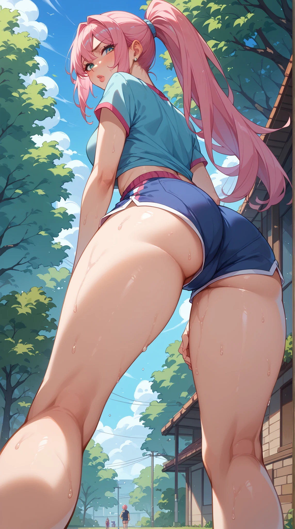 ((Highest quality)), ((masterpiece)), (detailed), 8K White and blue sailor suit ((Wearing socks)) Small breasts, pussy, height 120cm, , outdoors, partially undressed, breasts, erect nipples ((Overflowing with love juice)) Drooling, shapely legs, naughty expressions, exhibitionism (((There is always a dildo in the anus))) No makeup, demure, short hair (Hairstyle: Side tail, ponytail, or twin tail) ((Precise CG)) Anime face, small girl, visible uterus, short torso, shopping street, holding adult toy, standing from behind, showing anus, covered in semen