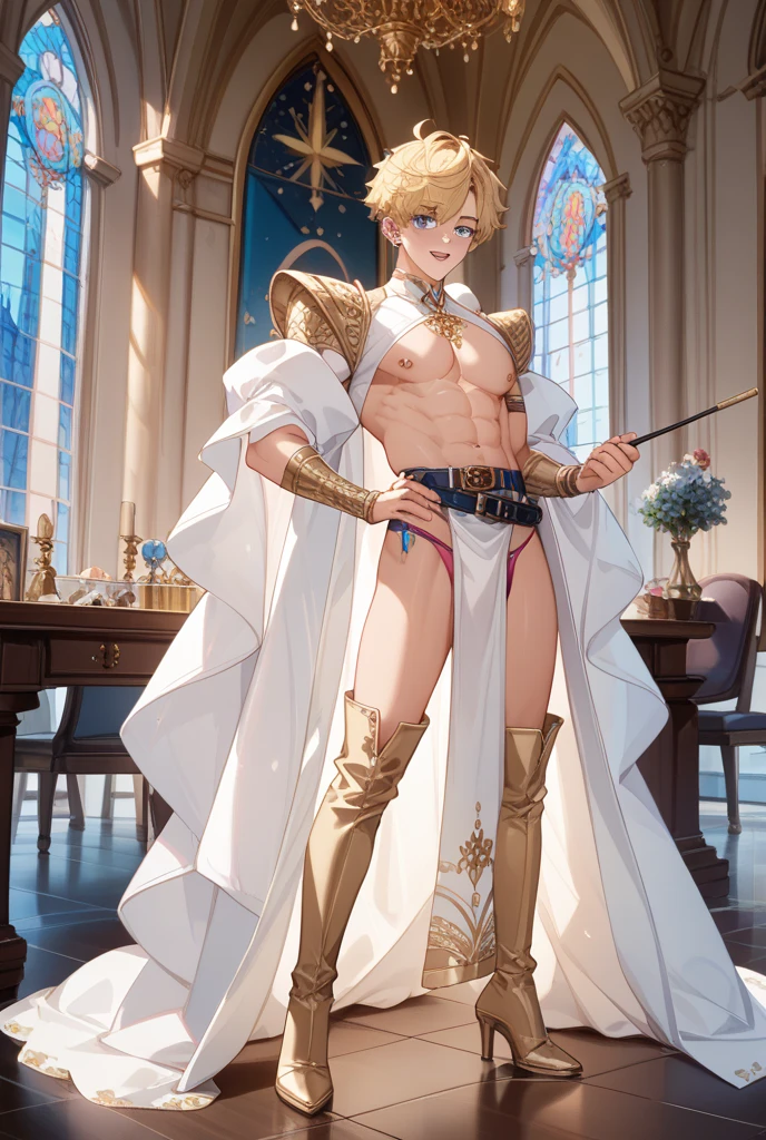 NSFW, ((masterpiece)), ((Best Quality)), ((extremely delicate and beautiful)), ((Completely and perfect body)), (Perfect and delicate 2 hands with 5 fingers),
((In the church of evil at night)), (((One beautiful adult man with blonde hair and red eyes is evil demon))), ((He is standing proudly and showing off his big erect penis hard)), (evil magic circle that shines ominously purple), He is wearing a white cloak, (empty eyes, drooling, evil smile), slender, well-muscled, flat chest, He has a glowing heart-shaped magic circle tattoo on the center of his chest, (Blush with aroused), Lower half naked, His body has no pubic hair at all, Focus on character,