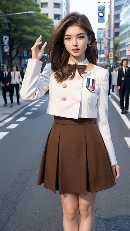 masterpiece,ultra-detailed,best quality, cute face,clean skin ,shiny hair,
1girl, jyojifuku, marching, hat, skirt,uniform,white gloves,white footwear,boots,epaulettes,salute, upper body, track, outdoor,
<lora:marching uniform v1.0:0.8> marching, jyojifuku
