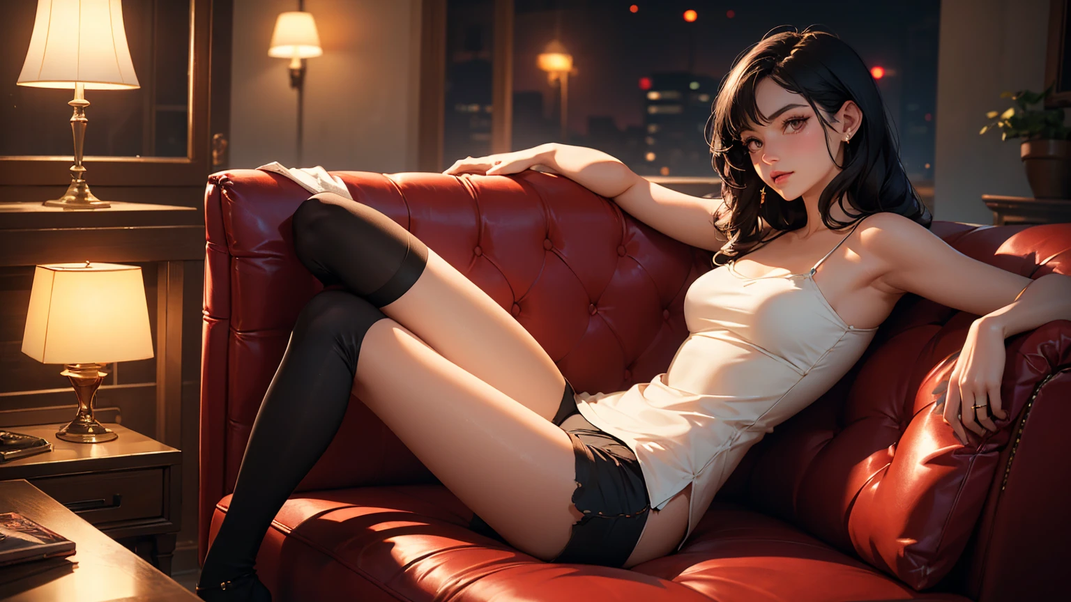 Woman relaxing in room,Ultra-high resolution, Accurate, Super detailed, Textured skin, High detail, highest quality, 8k,Thin bangs, Detailed Hair,Focus on the face,Leaning on the sofa。