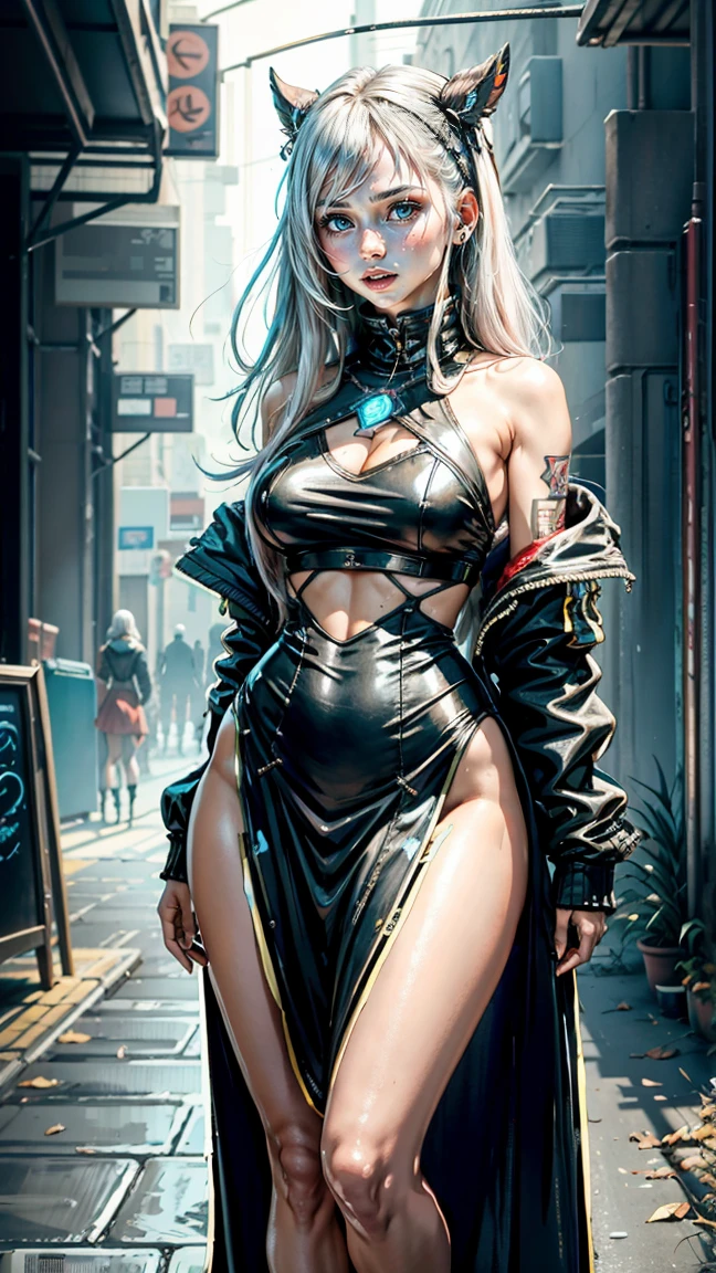 8K, realistic, Ultra High Definition, Super detailed, young girl of 18 years, Shiny detailed hair, dragon ears, detailed face, dragon features, fantasy landscape, solo, looking at viewer, {{best quality}}, {{masterpiece}}, {{ultra-detailed}}, {detailed light}, ultra high quality eyes, detailed eyes, perfect eyes, large eyes, blue eyes, sexy tattoo, white hair, long hair, metallic dragon horns, beautiful earrings, beautiful, skinny body, white skin, slutty, erotic, blushing, open mouth, standing in suggestive pose, ((nsfw))