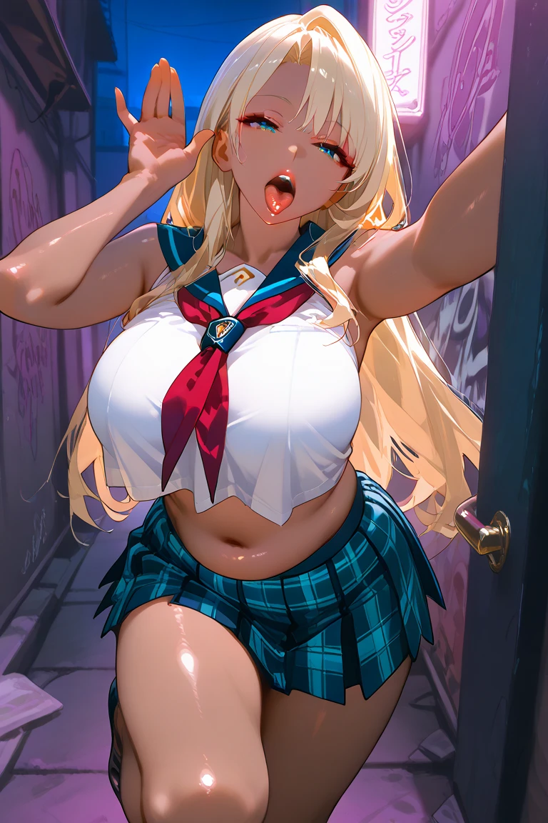 (masterpiece, best quality, ultra-detailed, high resolution, detailed eyes), nsfw, takeda hiromitsu style, (1girl), {school uniform, sailor suit}, curvy body, large breast, showing off nipples, tall, big eyes, heart shaped pupils, tears, blonde long hair, curly hair, looking at viewer, collar with leash, spread legs, skirt lift, (licking penis), (sweaty skin:1.1), (faint light:1.1), orgasm, (open mouth:1.2), (tongue out:1.3), (love juice:1.2), (trembling:1.3), (blushing:1.3) (breath), (drool:1.3)