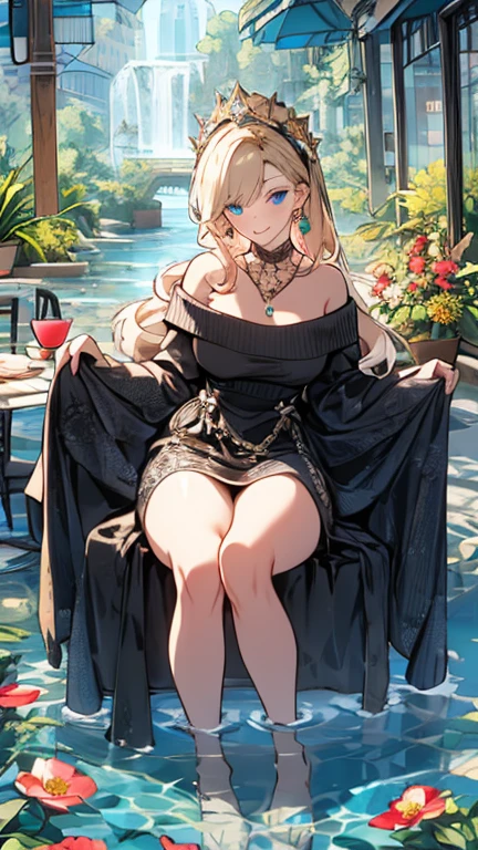 Irisviel, beautiful black with gold sheer dress sleeveless,solo,beautiful smile,arm at side,middle size of breast,beautiful necklace,,jewelry, sitting in beach