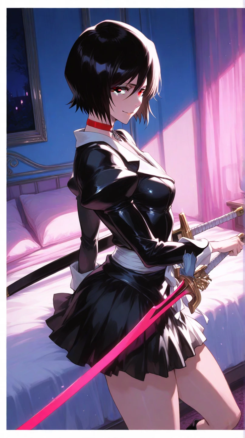 (masterpiece, best quality), 1 girl with short black hair, cat ears, short skirt, knee-high leather boots, white shirt up to mid-abdomen, red eyes, katana sword