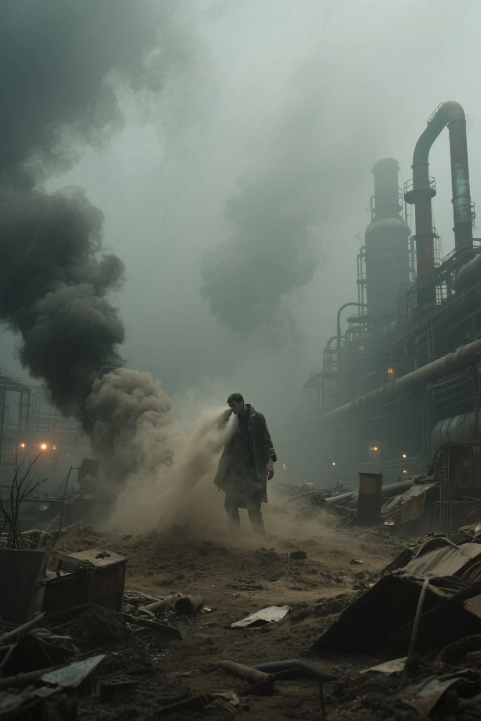 female marine in destroyed futuristic combat armor, apocalyptic war in background, looking at viewer, photography, detailed skin, realistic, isometric, digital art, smog, pollution, toxic waste, chimneys and railroads, 3d render, octane render, volumetrics, by greg rutkowski
