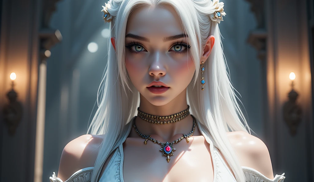 Ultra-detailed complex 3D rendering of the face, (masterpiece, top quality, octane rendering,), glamour shots full body image, very beautiful young elves, cleavage, (highly detailed skin: 1.2), (exposure: 1.1), ((blue micro bikini: 1.95)))). , 8k, (((very soft breasts)), (((conspicuous large pink areola)), beautiful Caucasian woman with white skin with full soft breasts with big buttocks, one, long braided hair, big breasts, dynamic angles, (((huge breasts: 2.4)), ultra-realistic photos, ((((((silver hair)))), futuristic urban background, facial muscles, (((((detailed and glamorous silver crown)))), In the style of Marvel Comics, ArtStation Trends, Clear Focus, Intricate Details, Very Detailed, Detailed Green Eyes, Sharp Focus, Digital Rendering, Professional, Abs, Lip Gloss, Glossy Skin, Sexy Pose, Golden Tattoo All Over Body, Silver Pattern All Over Body, Silver Lame Skin, Gold Glitter Skin, Mansuji, Buttocks, Jeweled All Over the Body, with silver scales, silver hair,