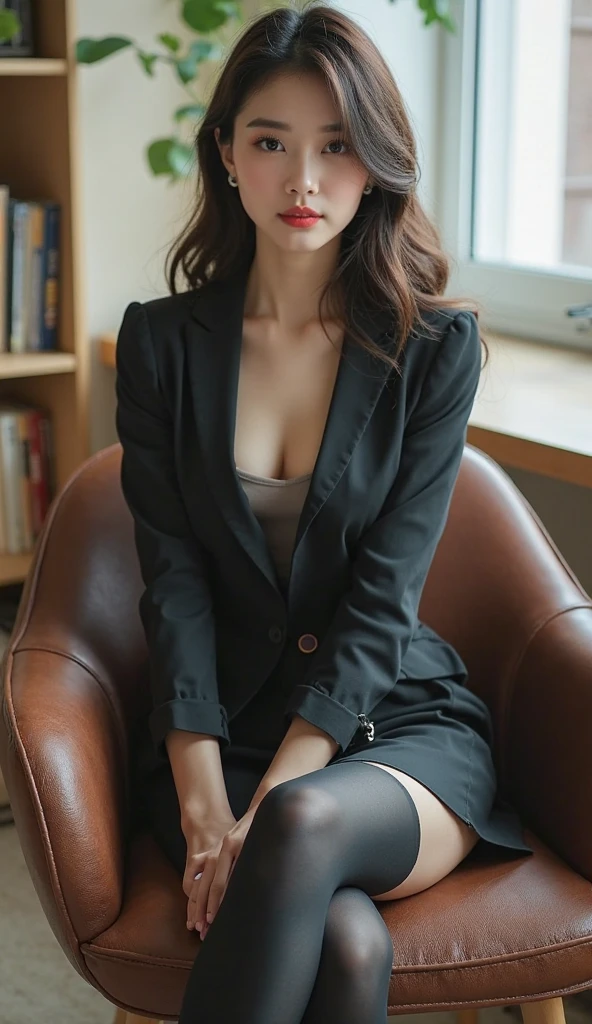 face is :9,1270442595], Elitist and submissive woman sitting at a tied desk, (Bop) safe for work, oppai, Short Layer Hair, Wearing pantyhose、Shibari, 2b, 2 b, Wearing a strict business suit, Tied to a chair, sophisticated gravure idol, Rope Bondage, in a strict suit, ..raw,(in 8K、top-quality、​masterpiece:1.2)、(delicate detail:1.4)、(Photorealsitic:1.4)、octan render、Complex 3D Rendering, ultra-detailliert, Studio Soft Light (Studio Soft Light) (Studio Soft Light (Studio Soft Light)), Rim Light, vibrant detail, super detailing, realistic skin textures, Detail Face, Beautiful detail eyes, Highly detailed CG Unity 16k wallpaper, Makeup-, (Detailed background:1.2),shinny skin、Exposed thighs!!!