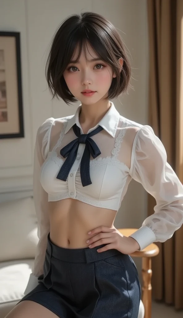 NSFW,(Masterpiece, BestQuality:1.8), (ultra detailed 8k cg:1.8), (hyperrealistic:1.35), (Photorealistic:1.45), (realistic:1.4), 8k,((Highest quality)),((masterpiece)),BREAK,((one girl)),(detailed),(in classroom),((One girl)),((perfect anatomy)),nsfw,((nude)),(naked),(Middle school students),((14years old)),((flat chest:1.7)),(stare at viewer with stern eyes:1.5),((delicate face and eyes)),((one girl)),( Bob Cut hair),(beautiful hair),surprised, ((beautiful realistic face)),((skinny:1.5)),((slim body)),(delicate face and eyes), ((Equal left and right eyes)),Beautiful Korean Women, Beautiful young Korean woman, Young and adorable Korean face, Gorgeous Young Korean Woman, Korean Girls, Girl cute beautiful face, Portraits of Korean female idols, Young and pretty Asian face, Cute natural anime face,Asian pretty face,((finely detailed face)),(big eyes:1.2),((beautiful eyes)) ((glistening eyes)),((large eyes)),(( pretty eyes)),(detailed),(Perfect Face),(Lanky:1.2),((One girl)), ((clear eyes:1.6)),((show nipples)),((beautiful skin)),don't wear anything ,(upper body),(Equal left and right eyes), (nsfw:1.5),(show nipples),(don't wear anything),(nipples facing upwards), correct arm,(Scared:1.3),(guilty expression),school uniform,(short White sleeve:1.4),((A bow tie:1.2)),(black eyes)