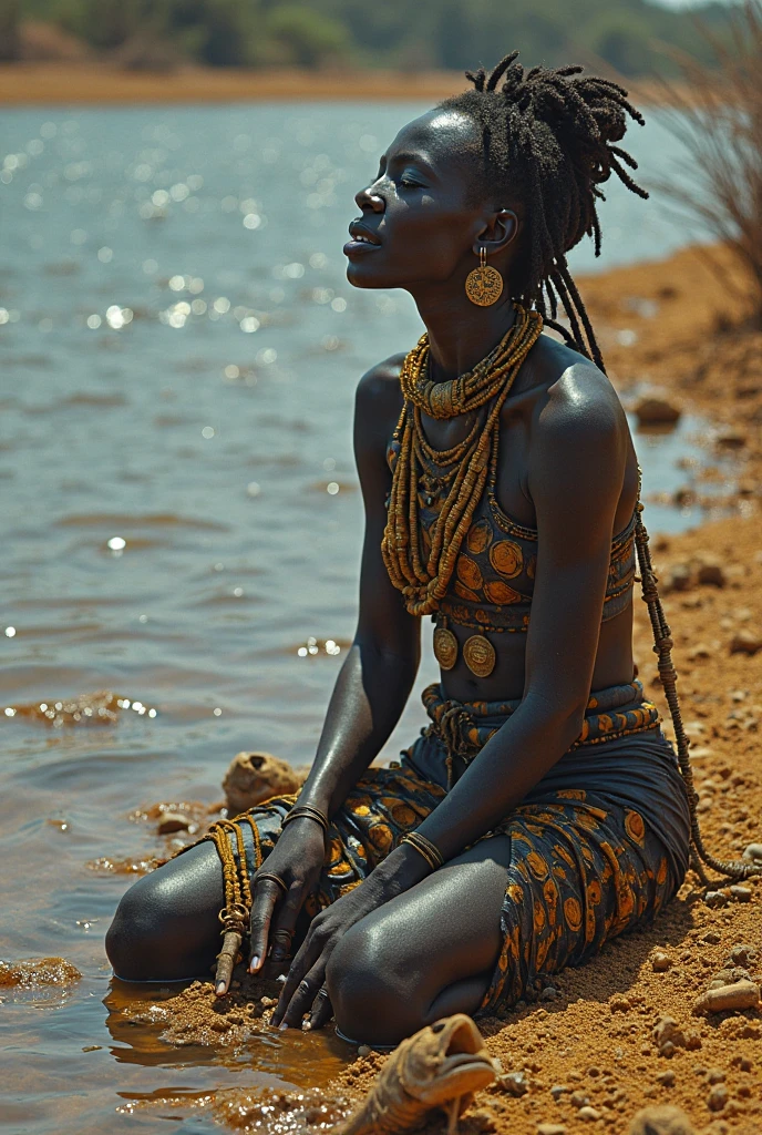 jovem africana com vestilo azul longa,na praia coberta com conchas,usando um colar de conchas e nas maos um belo espelho