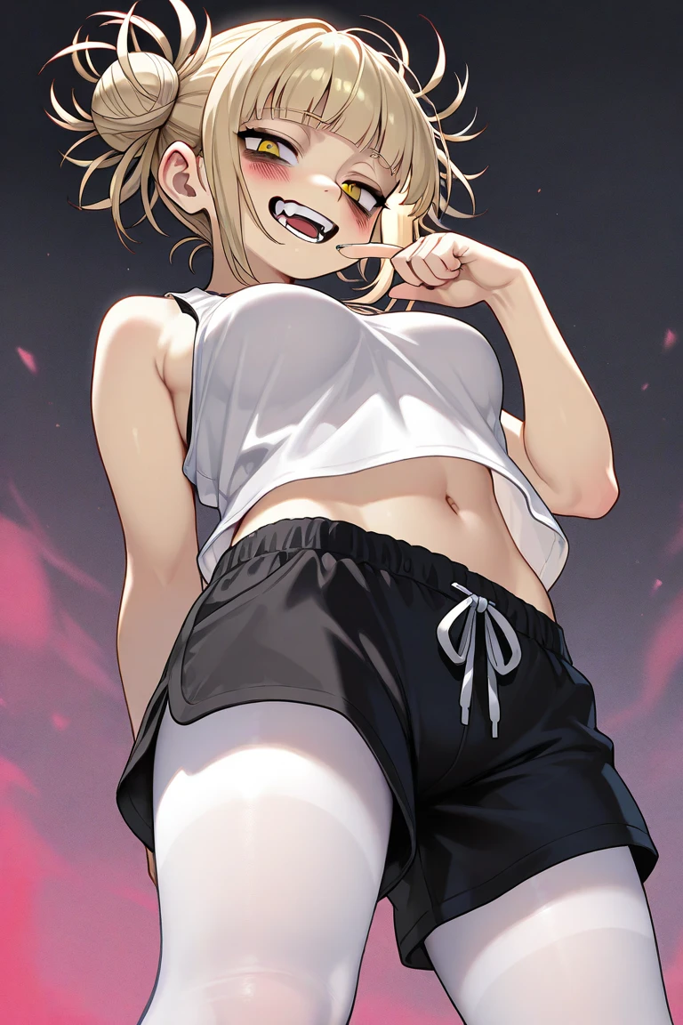 masterpiece, best quality, highres, Sakurai Momoka, 1girl, solo, busty, small breasts, blonde hair, bob hair, sport bra, short skirt, garter on thigh, looking at viewer, full body, standing, simple background, (erotic pose:1.4), blush, smile, grinning, (Crotch panties exposed:1.3), ((Sweating in heat, arms behind head, double armpits, crouching down, half-squat, Open the crotch before:1.3)), In the middle, symmetrical, netorare face