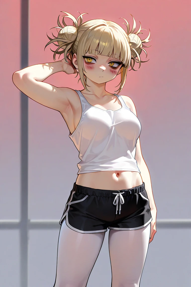 Fair skin, blonde, little girl, loli, small, sports bra, standing, crying face, twin tails, brown eyes