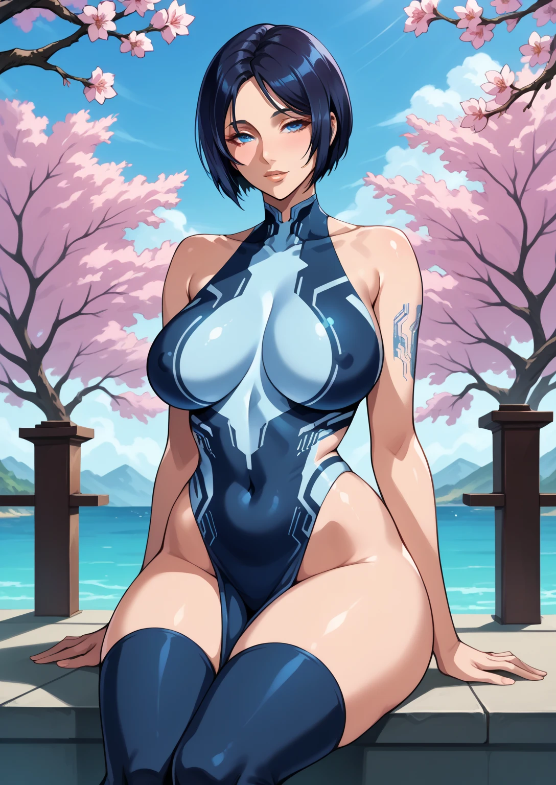 Full body portrait:1.3、masterpiece、highest quality、Beautiful woman、A thin pilot suit that resembles a leotard(Yellow Evangelion plug suit style)、Big Breasts 、Nipple erection、Black-haired、A naughty smile to please a man:1.3、Beautiful feet、Sweaty、blush、Sweaty clothes、Detailed costume、Detailed skin、Detailed face、Sexy pose