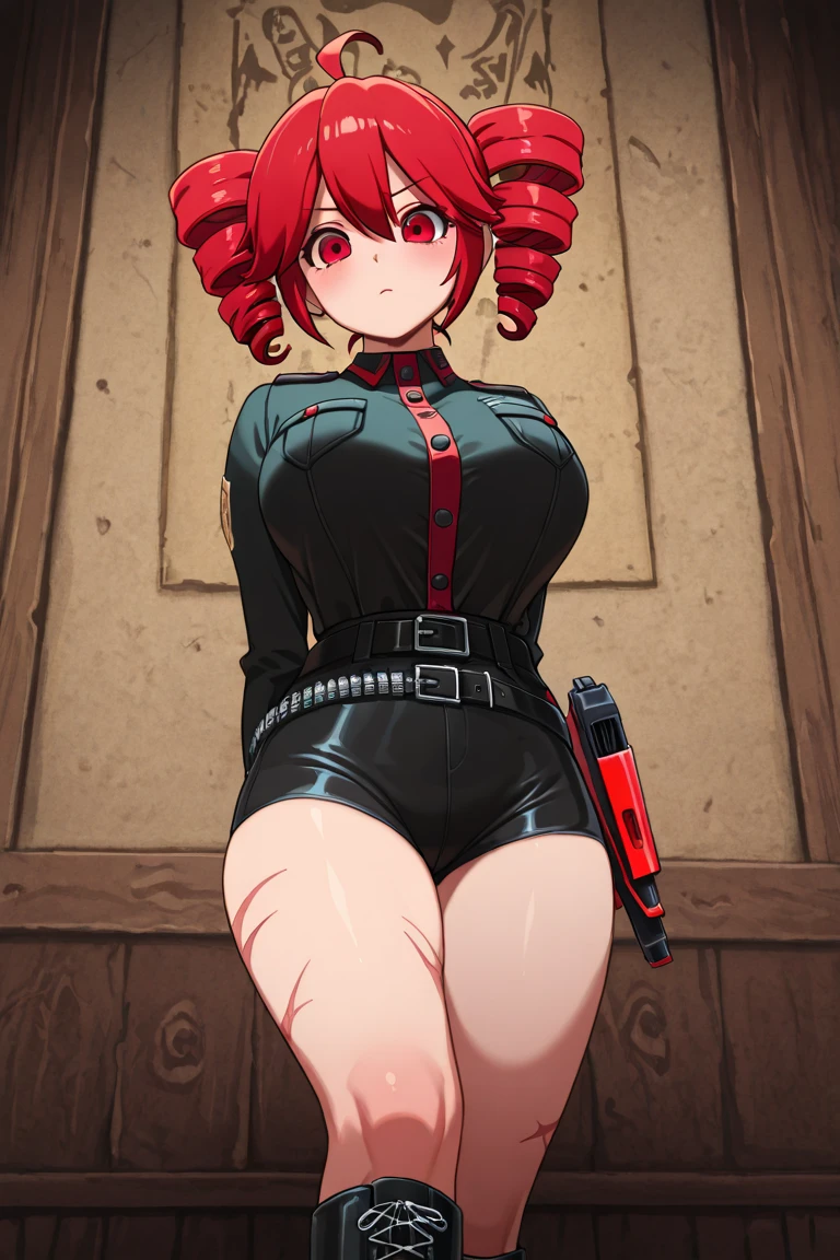Dark red curly hair, medium height, medium sized breast, big ass, hourglass waist, thick thighs, glasses, sfw