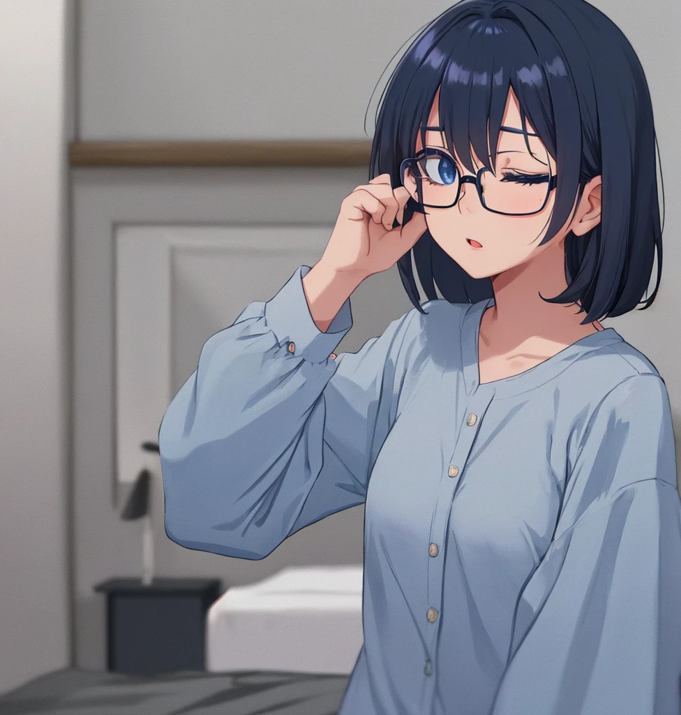 One Naked Girl、In the classroom、Sitting in a chair、Light blue hair、blue eyes、Red face、Feeling embarrassed、Standard bust size、profile、Looking down、Sailor suit、Wearing a green bra、Wearing green panties、Daytime view