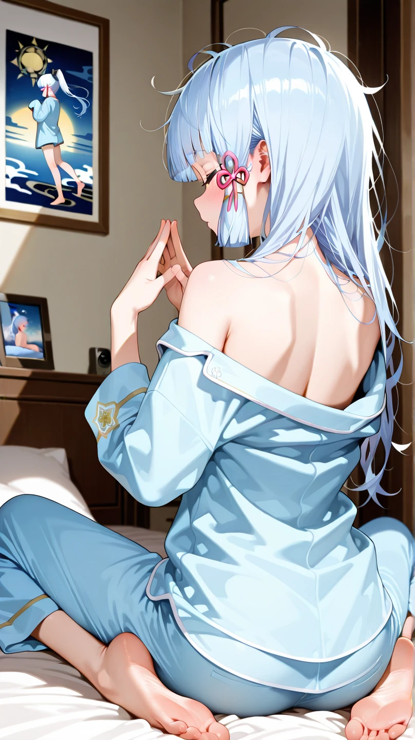 Masterpiece, best quality, super detailed, illustration, medium view, beautiful detailed eyes, ((long view, wide angle 1.31)), at home, a girl, white hair, pink bow, blue lingerie, sexy, back to back