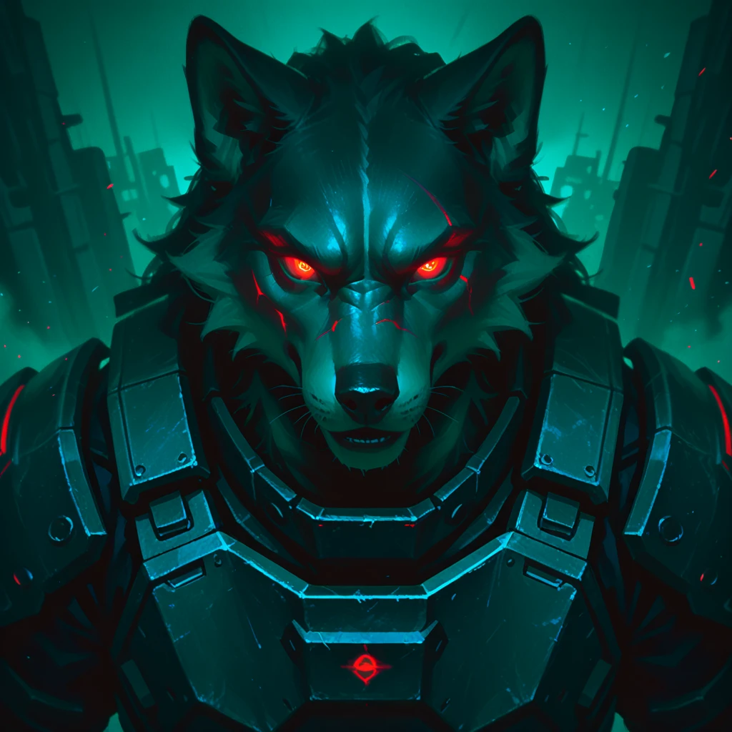 black protogen with red visor staring off into the night sky