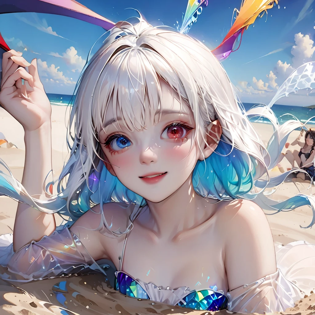 white hair, red eyes, laughing, water, seaside, beach, sunny girl