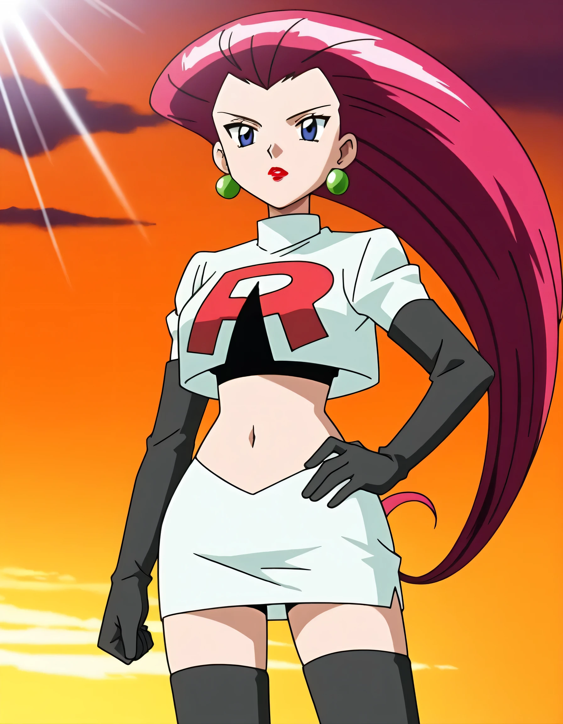 Jessie with a very short and tight white dress, side view, leaning forward, low-cut dress, bare shouders, close up, medium breasts, in profile with closed fist, angry, open mouth, perfil view, jessie pokemon, hair slicked back, very long hair, purple hair, blue eyes, 1990s style
