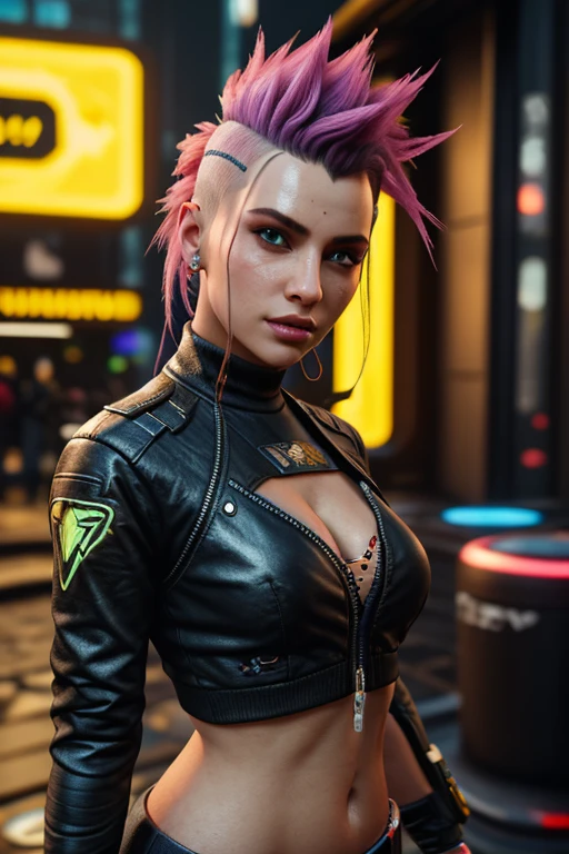 Punk Mech Clothes with Short Pink Haired Girl, Tattooed, Piercing, Black Leather, Carbon Fiber, Battle Status, Hyper Detailed, Digital Art, Cyberpunk Style, Cyberkinematic Lighting, Studio Quality, Smooth Rendering, Unrealistic Engine Rendering 5, Rendered Octanage, Klimt and Nixeu Art Style and Ian Sprigger and Wlop and Krenz Cushart