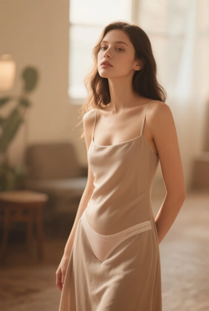Sophia Lillis, slender adult , portrait pose, long straight hair, photograph quality, grinning, cleavage, naked under a sheer knitted long grey wool dress
