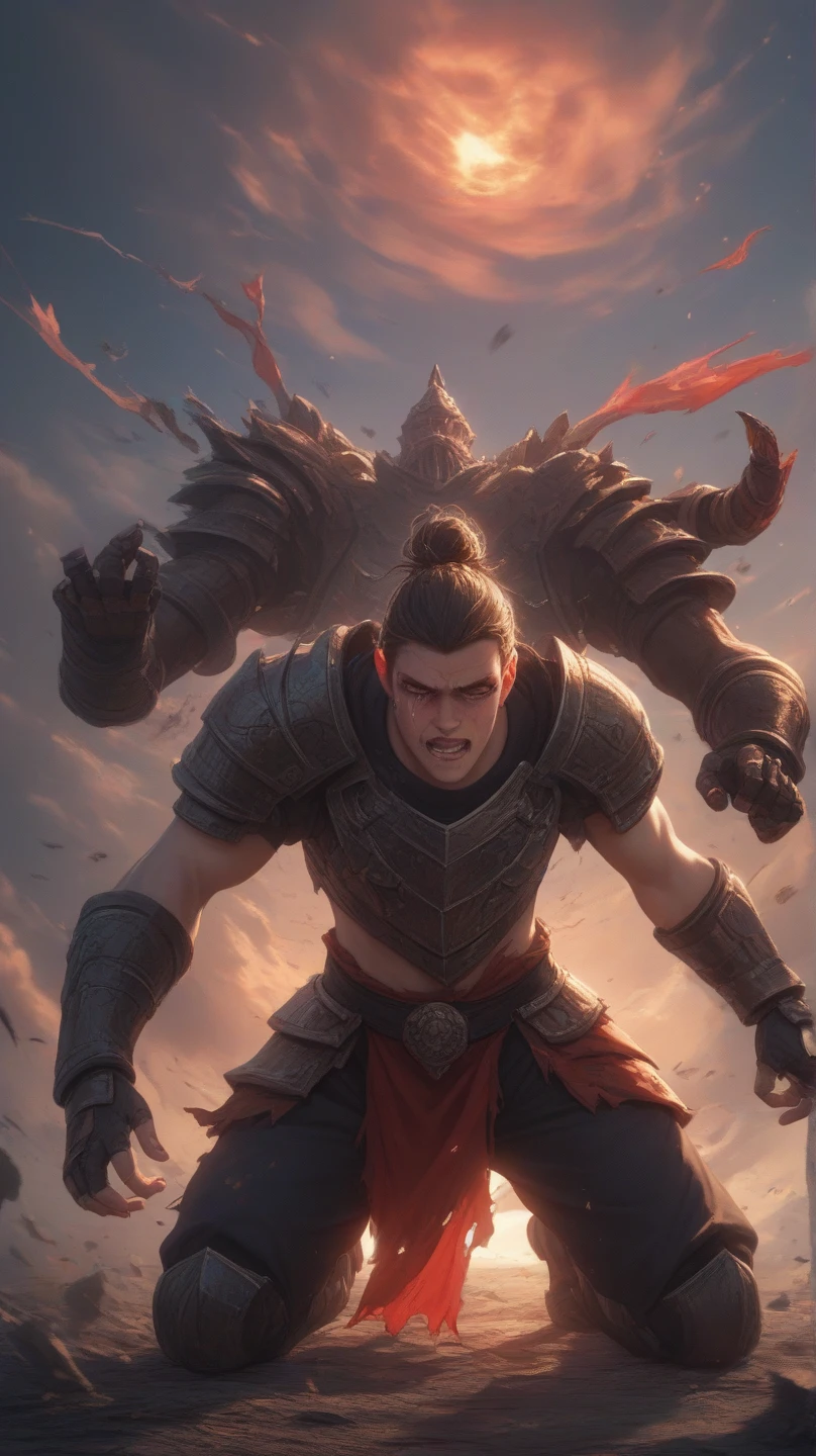 Create an image of Savages, mutant humans, hunting gigantic monsters. They must be armed with great arksteel weapons, like swords and spears. The scene must be dynamic, showing the tension and movement of combat in a natural setting, like a forest or ancient ruins.
