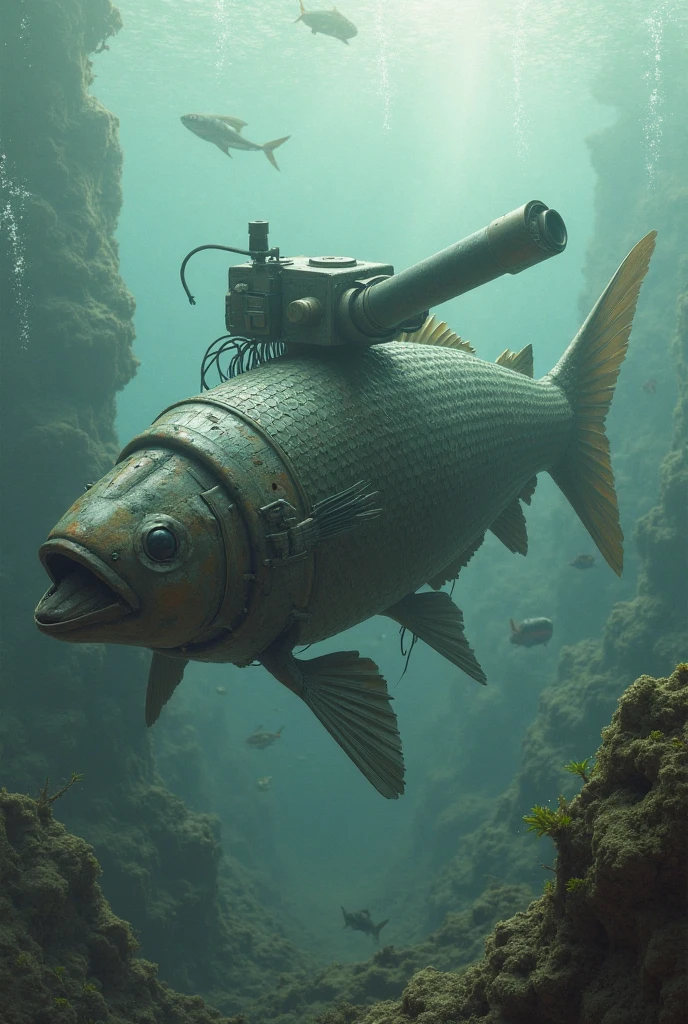 steampunk fish, silkscreen style of sea background detailed, 16K, intricate detailed texture, intricate delicate detail, natural lighting, cinematic steel and angle, masterpiece,
