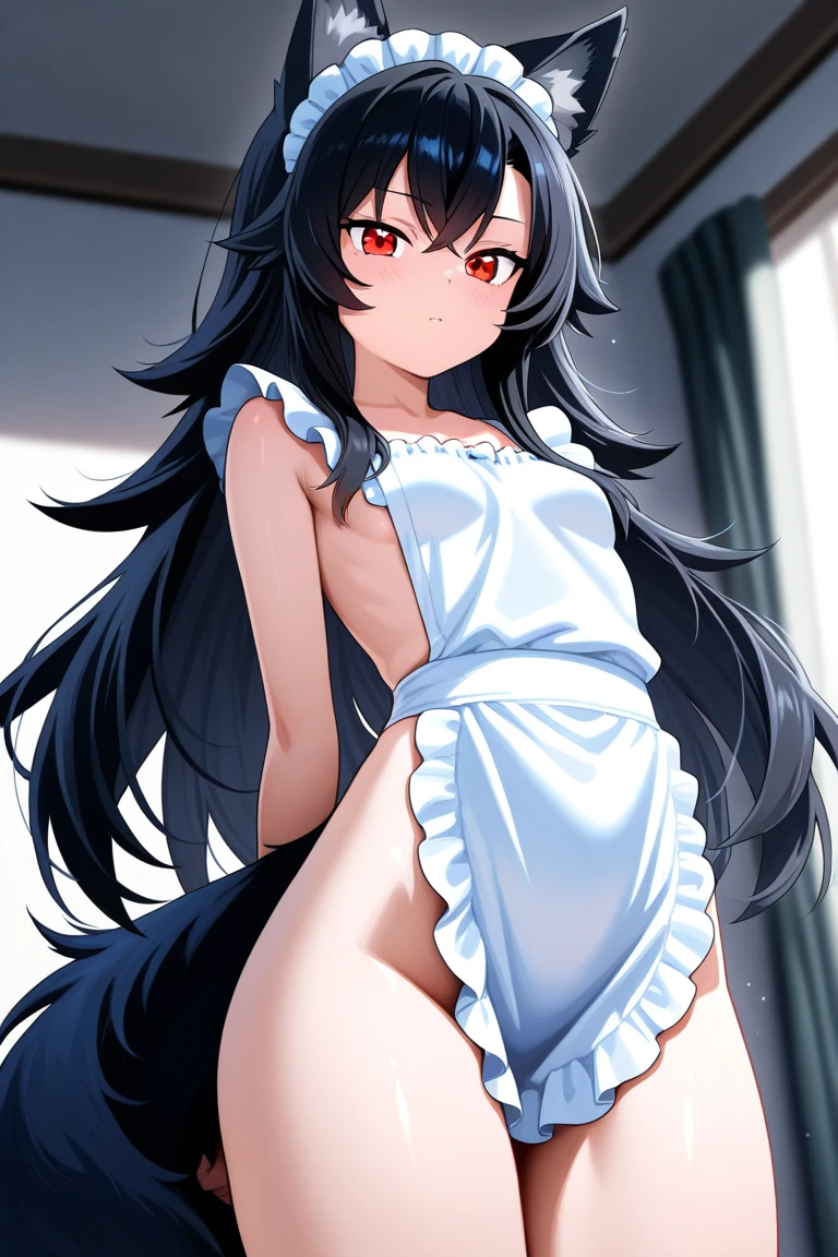 1girl, aster nemesis, dark-skinned female, black hair, very long hair, yellow eyes, flat chest , twin tails, looking at viewer, , smile,dress,my room,,nsfw,lace panties,,