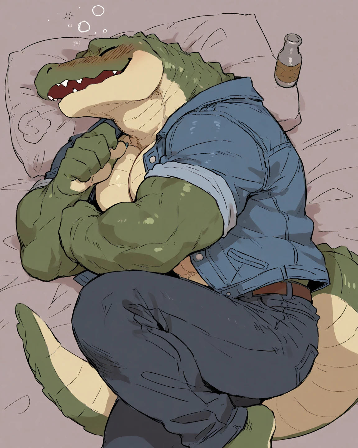 Scalie, Anthro crocodile, adult male crocodile, wearing black button down shirt, casual pose, dominant, soft smile, solo, bulky build, hard small penis, small veiny penis,long foreskin, laying in bed, (from below:1.1), dripping precum, precum string