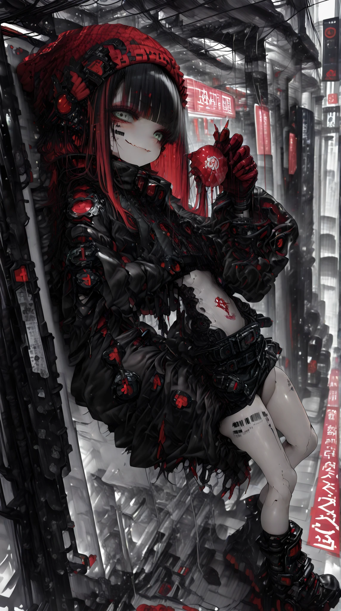 1girl, (((solo))),
full body, from side, diagonal composition, sideway glance, looking at viewer,
holding food, Sword, hand up, leaning back, against wall, cool pose, angled knee, sidewalk, perspective,
blunt bangs, streaked hair, black hair, asymmetrical bangs, knitted beanie, pudelmütze, pom pom beanie,
long eyelashes, eyeshadow, green eyes, one raised eyebrow, cheeky grin, skin fang,
crop top, midriff, long sleeves, wide sleeves, green top, heart-shaped cutout, turtleneck, short skirt, broad belt, cybertech gloves, platform boots, skinny, androgynous,
cybernetic, futuristic, prothetic, robot joints, led applications, glowing led, cyberpunk fashion, barcode tattoo, cybernetic facial tattoo,
simple background, sketch background, light and shadow, two-tone lighting, spot color, red black white green,
vivid, vibrant color, highres, high detail,
Xeno, high_contrast, detailed_outline, detailed_linework, cyberpunk,XUER guangying,aokabisaya, あおかびさや, clean lineart,detailed, cyber, futuristic, 2000s style, android, robotic body parts,
((masterpiece, best quality, amazing quality, very aesthetic, absurdres, newest))