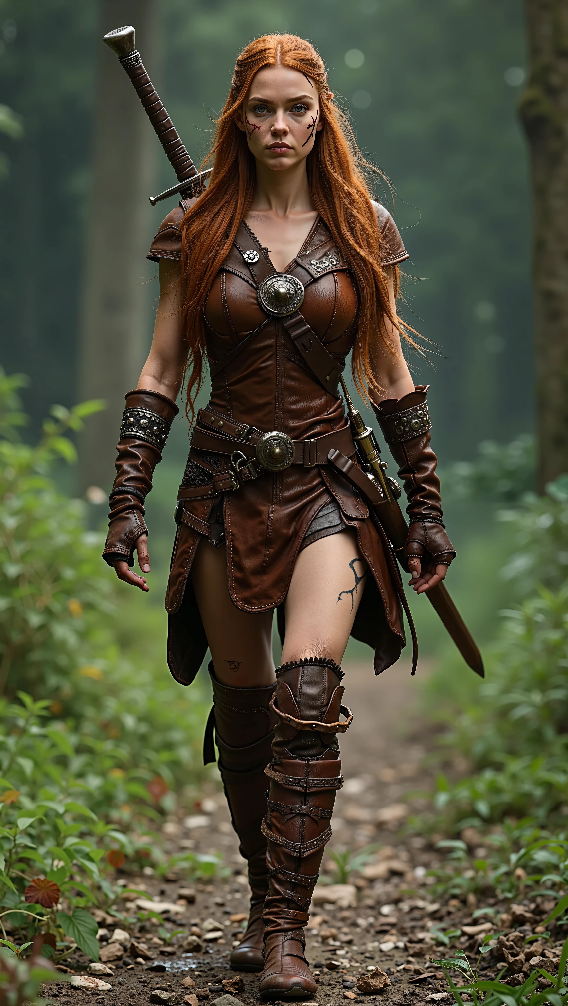 (photorealistic, cinematic lighting, full body shot, 8K, RAW photo, ultra realistic, sharp focus) A beautiful female elf warrior inspired by The Elder Scrolls Online, walking naturally towards the camera. She has a slender athletic build, fair realistic skin, long flowing auburn hair, sharp refined facial features. She wears a dark brown, detailed light leather armor with reinforced stitching and crafted pieces. Two swords are visibly crossed on her back in well-crafted leather scabbards. A prominent scar crosses one of her eyes, adding character and experience. Serious and determined facial expression. Dynamic walking posture, clothing and hair slightly moving with motion. Realistic human proportions, about 1.75 meters tall. Green background for chroma key, even soft studio lighting, no harsh shadows, ultra-realistic textures, highly detailed.