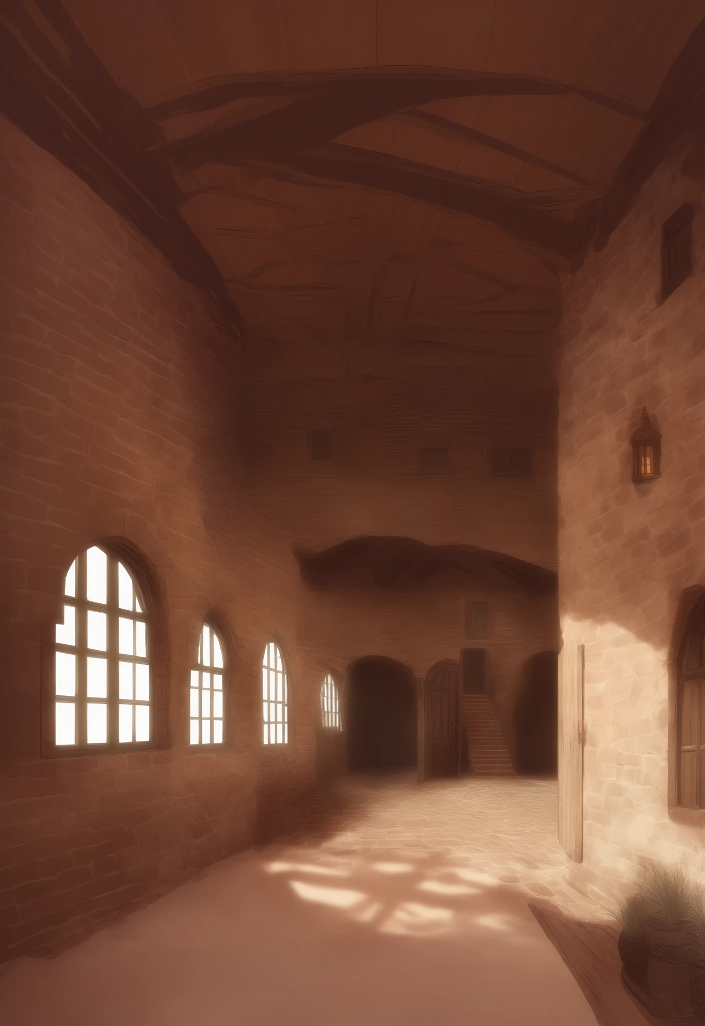 Desert house, medieval, windows. Fantasy. Brick house. Inside