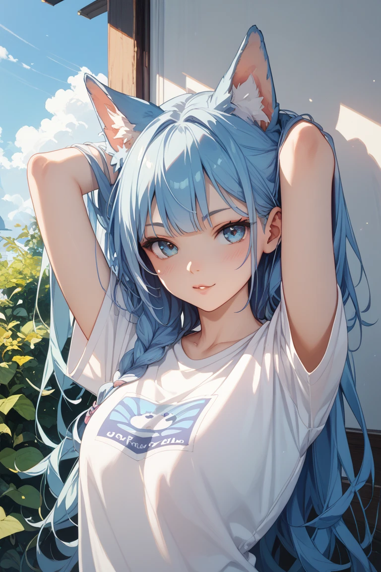 (8k、Best image quality、highest quality、masterpiece)、Detailed face、One Girl、Light blue hair、length、Wavy Hair、Red eyes、Expressionless、Piercing modest chest、White T-shirt、Tail Tail、Shoulder out、wariza、Shot from above、messy room background