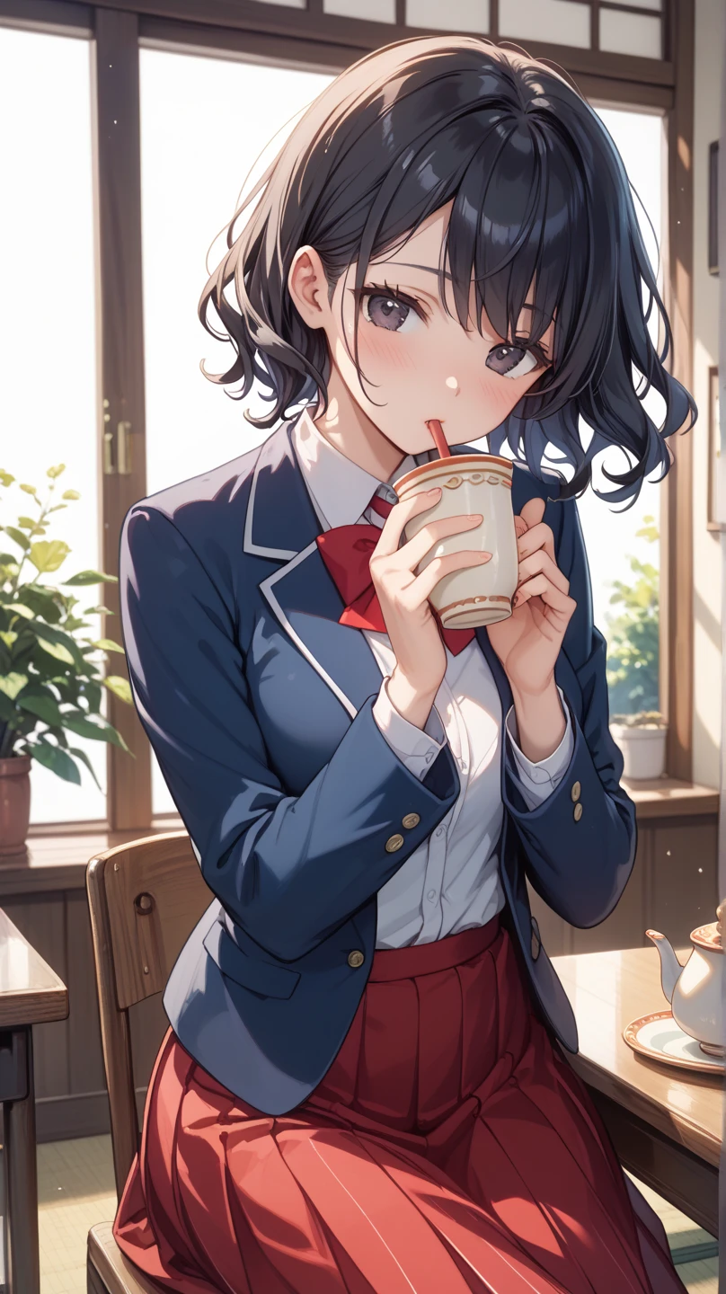 In one girl、fun、High school blazer with popular design、shirt、pleated skirt、white skirt、(small breasts ) restaurant ,short hair, black eyes, happy, sitting in fron of me in a chair while she is eating
