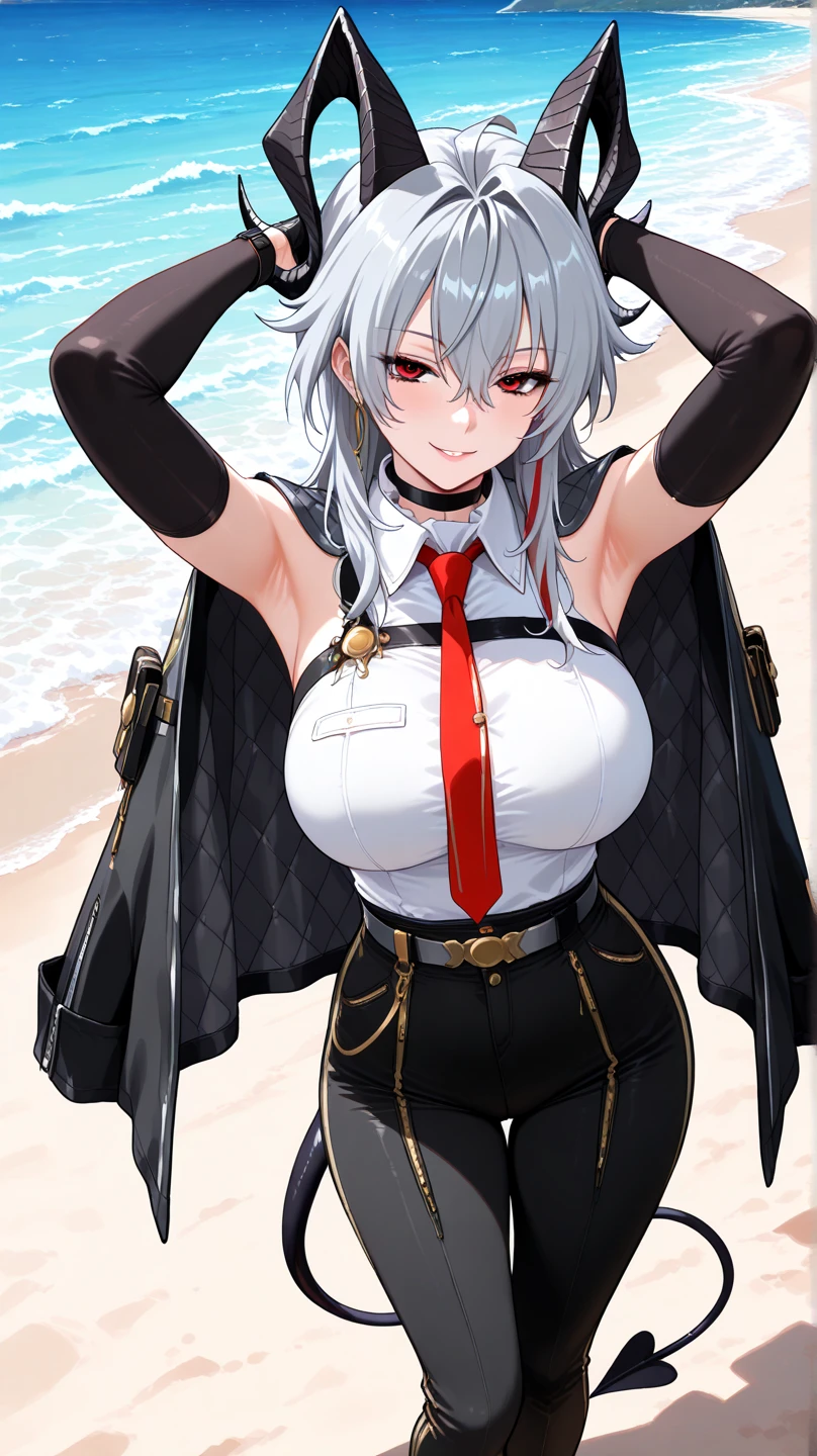 cpyvazln, 1girl, solo, (close-up), (cowboy shot), delicate face, black military hat, cleavage, black jacket, black miniskirt, pleated skirt, (latex thigh boots), high heel boots, elbow gloves, standing, arms behind back, wharf, ocean, shoreline, winter, <lora:cpyvazln_v33:0.9>