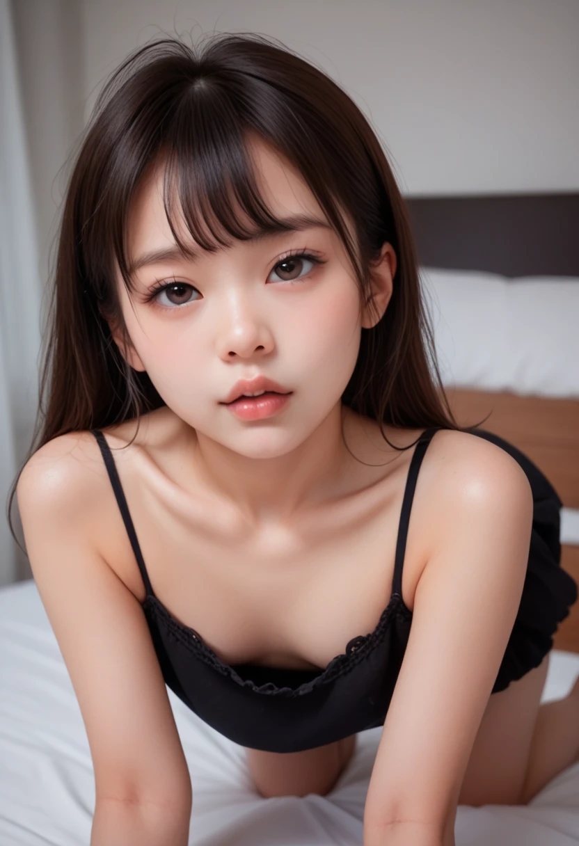solo, High resolution, Gaze, Bun Hair, Half-up hairstyle, Bun Hair, Small breasts, Slanted Eyes, Brooding face, Expressionless, Empty look, Bad mood, 11 year old girl, small chest, single eyelids, small eyes, korean girl, Sanpaku eyes, grumpy face, black bikini, Contempt/angry gaze, asian eyes, monolid, half eyes,