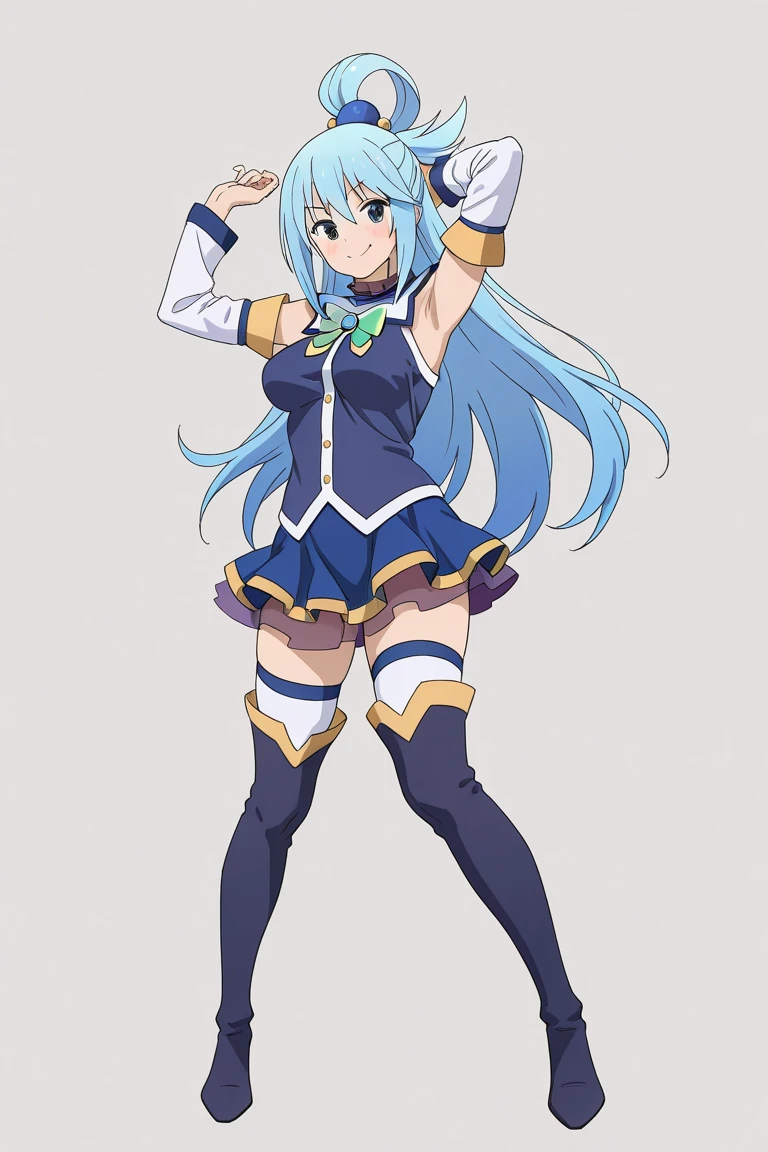 best quality, masterpiece, highres, solo, {aqua_konosuba:1.15}, long_hair, blue_hair, hair_ornament, hair_rings, blue_eyes, open_mouth, bow, green_bow, single_hair_ring, 1girl, boots, detached_sleeves, skirt, thigh_boots, thighhighs, blue_footwear