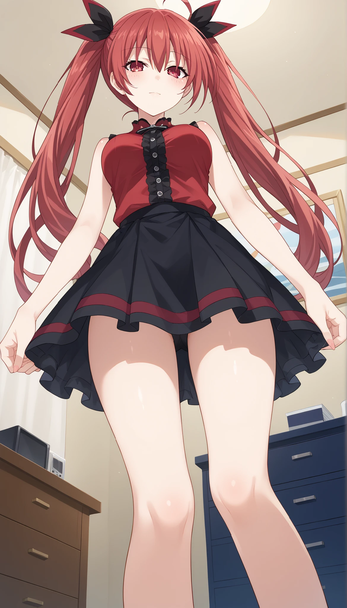 (((Kotori Itsuka))),black skirt,red sleeveless shirt,medium breasts,room,((low angle)), long thin legs,thighs,Ulchan-6500-v1.1, ( RAW photos :1.2), beautiful detailed, very detailedな目 美しい目,beautiful eyes,Red, large file size, high resolution, very detailed, Highest Quality, [masterpiece:1.6], Awareness-raising, very detailed, CG, finely, Highest Quality, 8K wallpaper, perfect body shape,very detailed,細くて綺麗なthighs