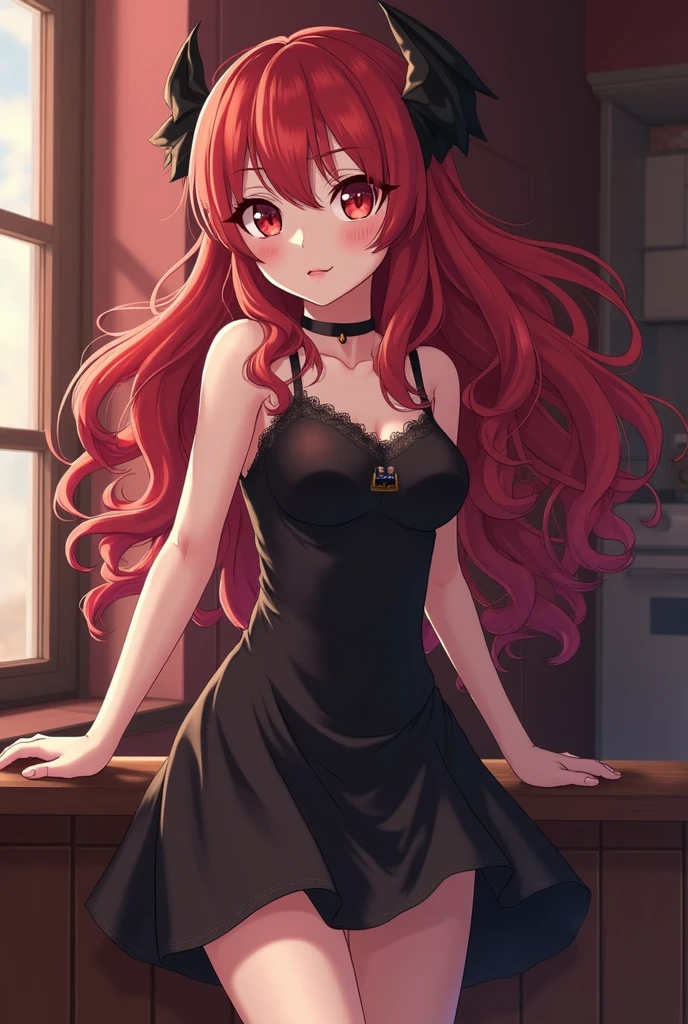 ((masterpiece,best quality anime,Highest quality:1.3)),realistic,,cowboy shot,(30 year old beauty), gunslinger ,1woman,独奏,((very small head:1.4)),((very long body:1.3)),red hair,bangs,(straight long ponytail hair),gorgeous big eyes,brown eyes,smile,((black mini dress)),((slender body:1.3,skinny)),small breasts,gleaming skin,shiny skin,Luxury hotel party venue、The World of Westerns、