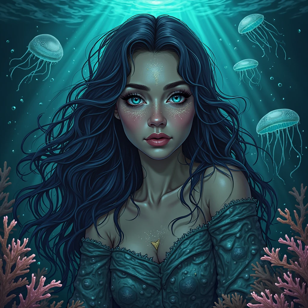 illustration, digital art style, high quality, detailed, careful with the hand, mermaid, mermaid tail, dreamer body, vivid, romantic and whole. Aloof face, intellectual. Sophisticated style, cold heart, impatient and too confident. enchanting, mysterious, Hair, deep black hair. In water, swimming in water, in the water, night, dark, mysterious, serious