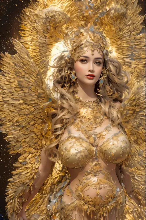 Create an ultra photorealistic 3D image of a very full figured female celestial being with ornate, glistening golden wings and a halo, set amidst a backdrop of sparkling crystals. The figure should exude an ethereal glow, with a body that appears to be made of a shimmering, reflective material. The wings must be adorned with intricate designs reminiscent of baroque filigree, and around the being should float various golden, jewel-like ornaments and flowers, enhancing the mystical atmosphere. The entire scene should be bathed in a warm, golden light that seems to radiate from the being itself, casting a soft illumination on the crystals below. The emphasis is on a more full figured representation of the celestial being. Incorporate even more prominent elements of teal throughout the composition to further enhance the vibrant contrast with the golden theme.