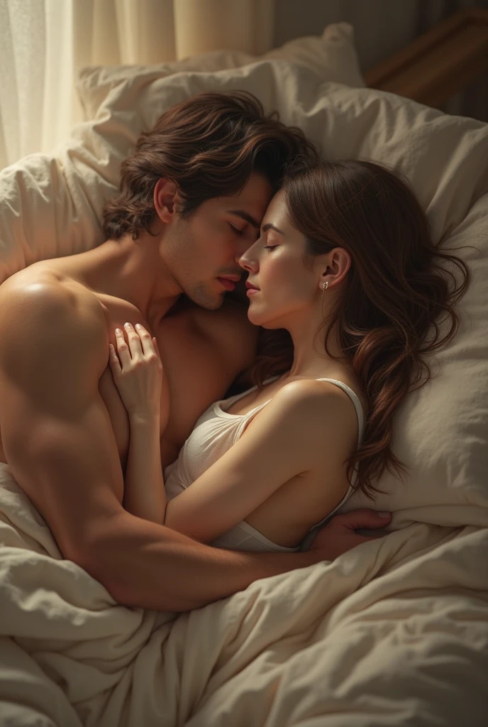 Erotic couple sleeping on bed , big butt woman and handsome man , cuddling , snuggling , top view Full body , wide screen shot bed room